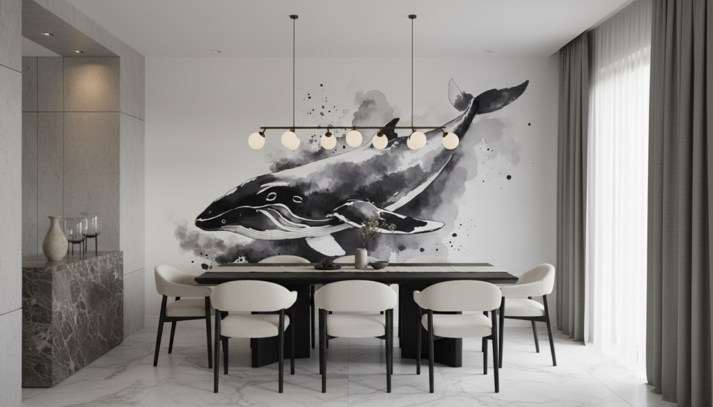 Baleine à bosse artistique en aquarelle noire et grise océanique - Salle à manger