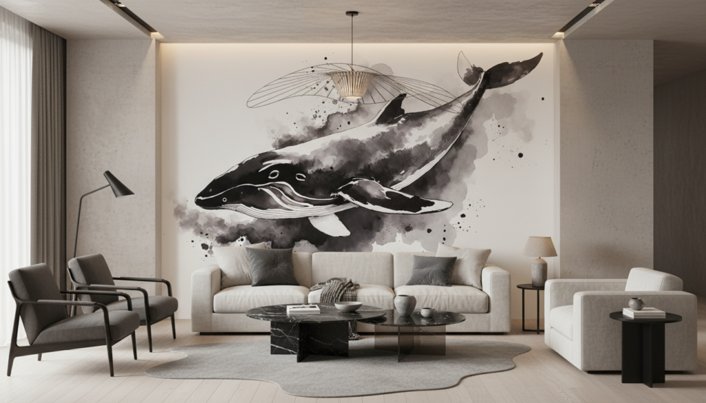 Baleine à bosse artistique en aquarelle noire et grise océanique - Salon / Séjour