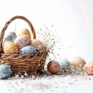 Papier Peint Décoratif Panier d'Œufs de Pâques et Fleurs Champêtres