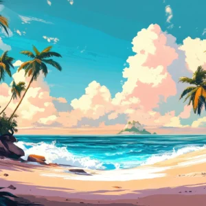 Plage tropicale paradisiaque au coucher de soleil avec palmiers