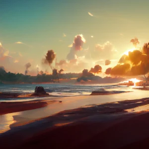 Coucher de soleil tropical sur plage avec palmiers dorés