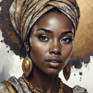 Portrait Femme Africaine Élégante Turban Doré Aquarelle Artistique