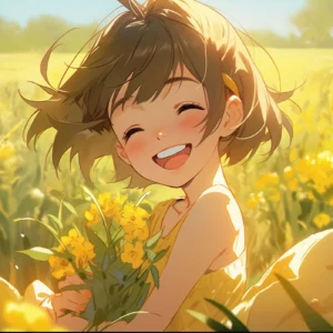 Jeune fille souriante dans un champ de fleurs dorées