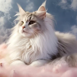 Chat Maine Coon Majestueux sur Nuages Roses et Bleus