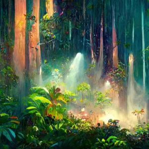 Forêt Tropicale Mystique avec Rayons de Lumière Dorée