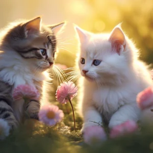Adorables chatons dans un champ de marguerites au coucher du soleil