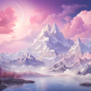 Paysage fantastique montagneux avec lac et ciel rose violet