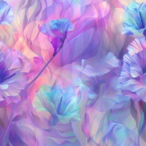 Papier peint floral irisé aux nuances violettes et bleues pastel