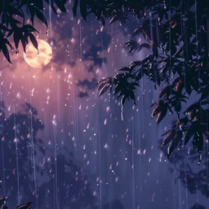 Papier peint forêt tropicale sous lune dorée pluie nocturne