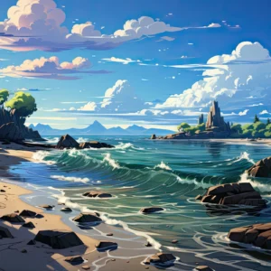 Paysage tropical paradisiaque avec plage, vagues et palmiers exotiques