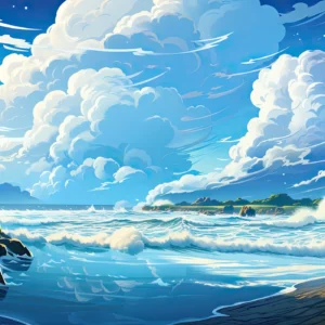 Paysage marin côtier avec vagues déferlantes et ciel dramatique