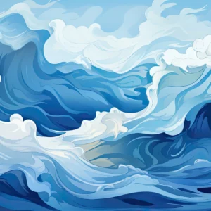 Papier Peint Vagues Océaniques Stylisées Bleu et Blanc