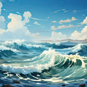 Tempête Océanique Majestueuse aux Vagues Puissantes et Ciel Nuageux