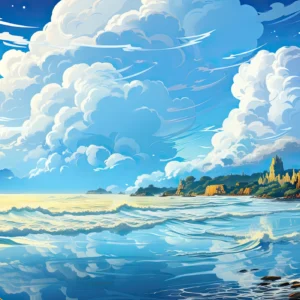 Paysage côtier majestueux avec nuages dramatiques et reflets océaniques