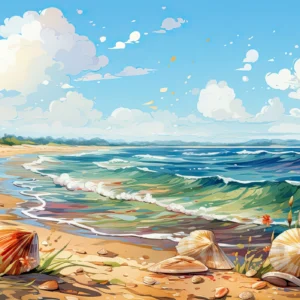 Plage Tropicale avec Coquillages et Vagues Océaniques Stylisées