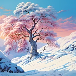Cerisier Rose dans Paysage Hivernal sous Ciel Pastel Romantique