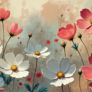 Papier peint cosmos aquarelle romantique tons pastel et corail