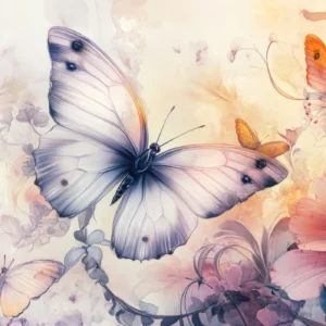 Papier peint aquarelle papillons et fleurs délicates rose violet