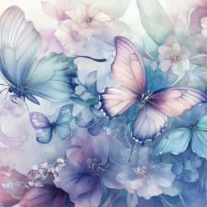 Papier peint aquarelle papillons et fleurs tons pastel bleu rose