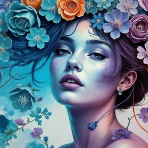 Portrait féminin fantastique avec couronne florale multicolore et aquarelle