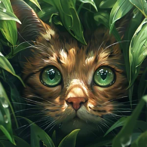 Chat aux yeux verts caché dans la végétation luxuriante