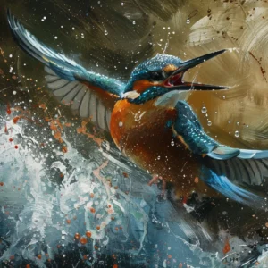 Papier Peint Artistique Martin-Pêcheur en Vol Éclaboussures Aquarelle