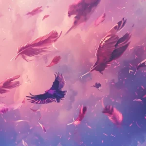 Papier peint féerique aux plumes violettes et nuages rosés