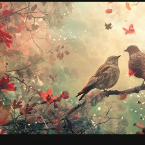 Papier Peint Romantique Oiseaux sur Branches Fleuries Automne Rouge