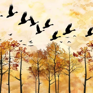 Papier peint automnal avec oiseaux migrateurs et forêt dorée