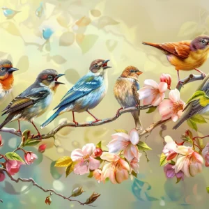 Papier Peint Oiseaux Colorés et Fleurs de Cerisier sur Branche