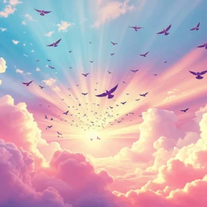 Envol céleste coucher de soleil nuages roses oiseaux en vol
