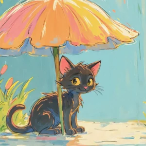 Papier peint enfant chat mignon sous parapluie fleuri pluie