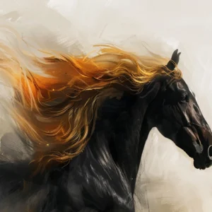 Cheval noir majestueux avec crinière dorée flamboyante en mouvement