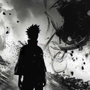 Papier peint manga monochrome silhouette héroïque combat épique