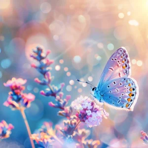 Papillon Bleu sur Fleurs de Lavande avec Bokeh Lumineux