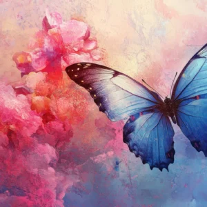 Papier Peint Artistique Papillon Bleu et Fleurs Roses Aquarelle