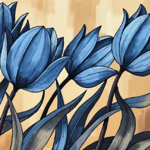 Papier Peint Tulipes Bleues Élégantes sur Fond Beige Chaleureux