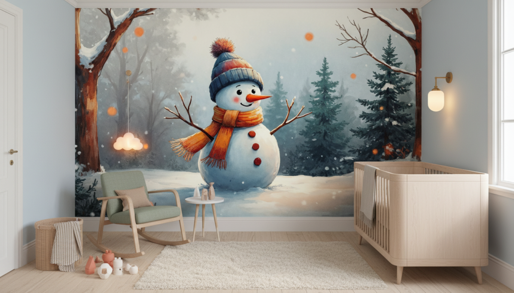 Bonhomme de neige joyeux dans forêt enneigée hivernale magique - Chambre bébé