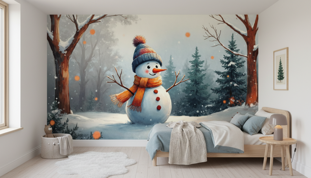 Bonhomme de neige joyeux dans forêt enneigée hivernale magique - Chambre enfant