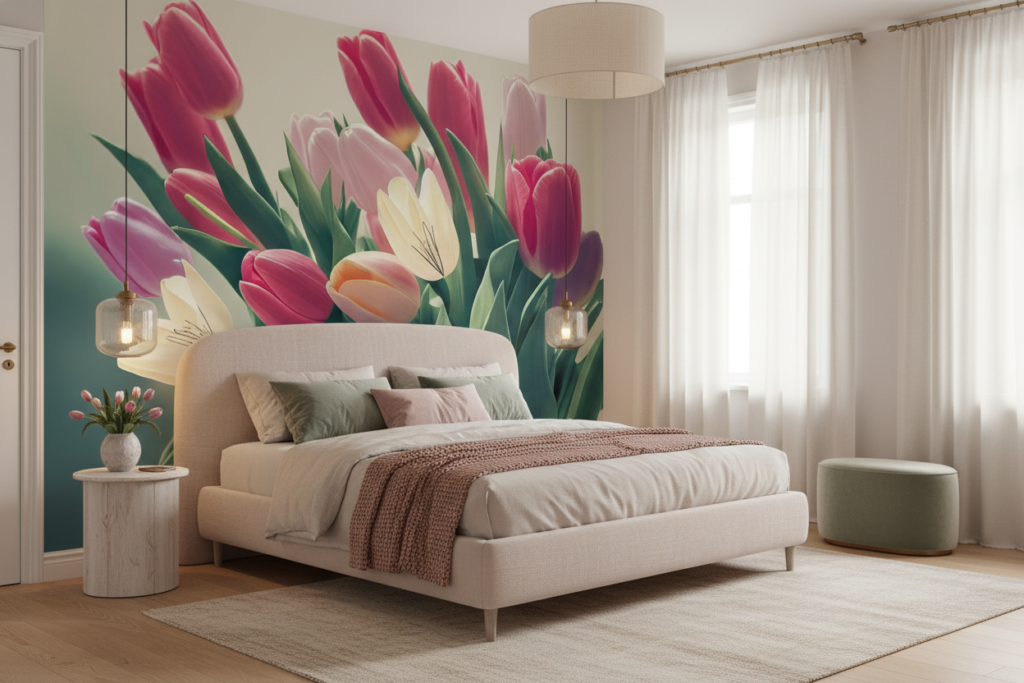 Bouquet de tulipes roses et blanches style vintage fleuri - Chambre adulte