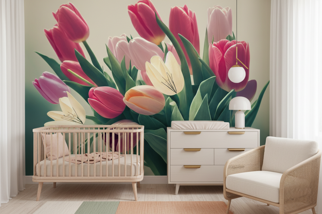 Bouquet de tulipes roses et blanches style vintage fleuri - Chambre bébé