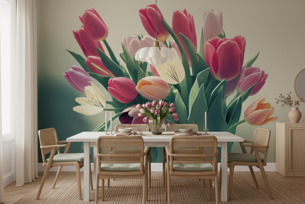 Bouquet de tulipes roses et blanches style vintage fleuri - Salle à manger