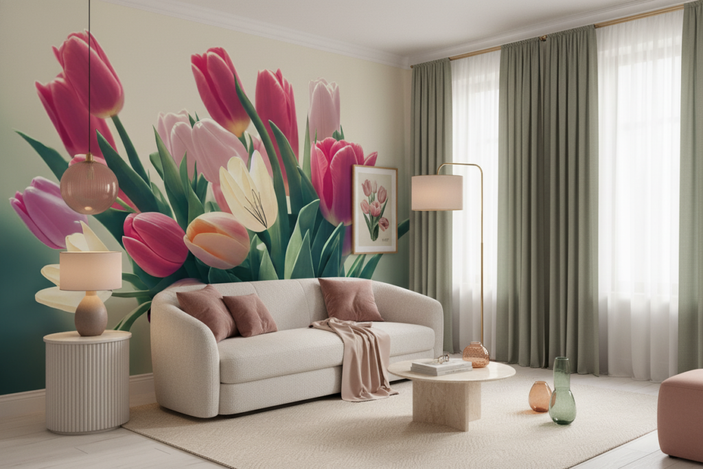 Bouquet de tulipes roses et blanches style vintage fleuri - Salon / Séjour