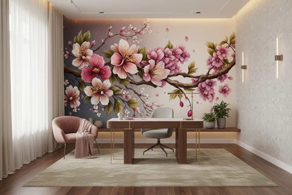 Branche de Cerisier en Fleurs avec Pétales Tombants Romantiques - Bureau