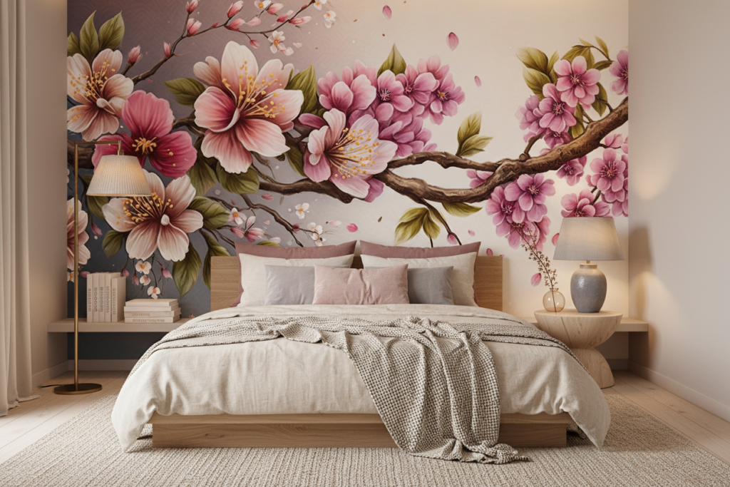 Branche de Cerisier en Fleurs avec Pétales Tombants Romantiques - Chambre adulte