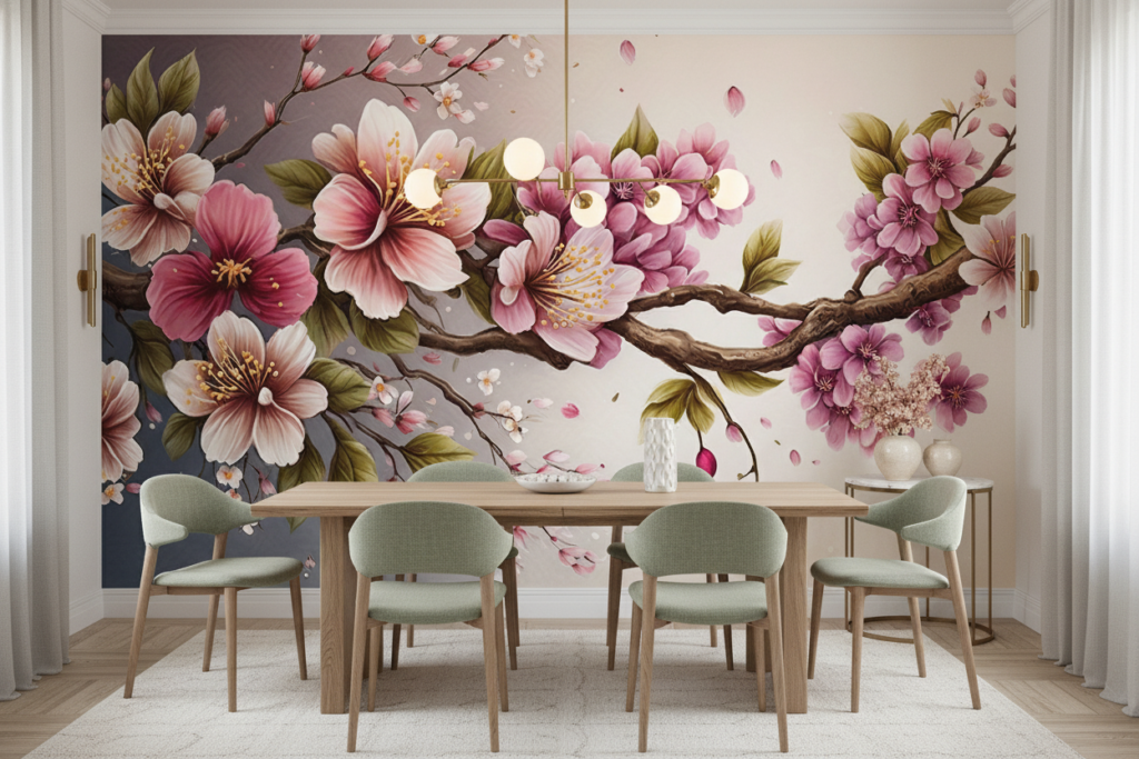 Branche de Cerisier en Fleurs avec Pétales Tombants Romantiques - Salle à manger