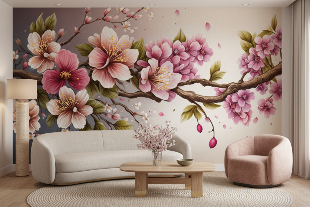 Branche de Cerisier en Fleurs avec Pétales Tombants Romantiques - Salon / Séjour