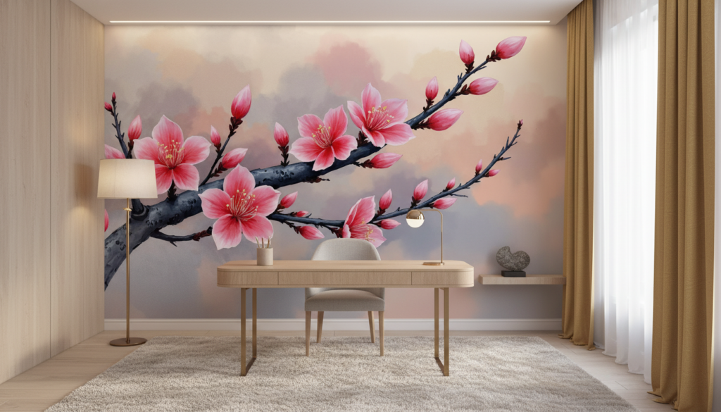 Branche de cerisier japonais aux fleurs roses délicates - Bureau