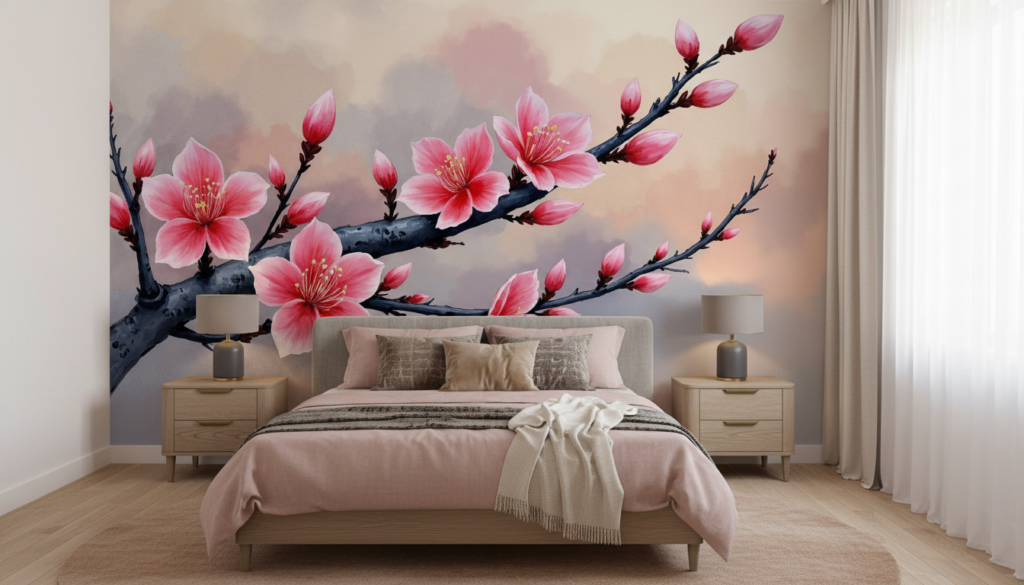 Branche de cerisier japonais aux fleurs roses délicates - Chambre adulte