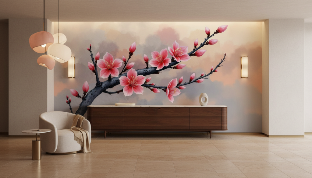Branche de cerisier japonais aux fleurs roses délicates - Hôtel